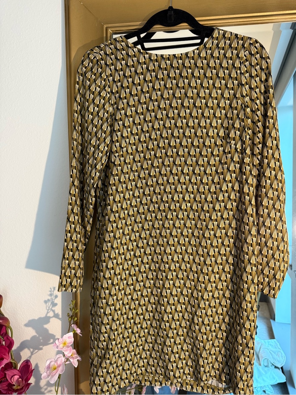 H&M Long-Sleeve Geometric Print Dress in Mustard and Black